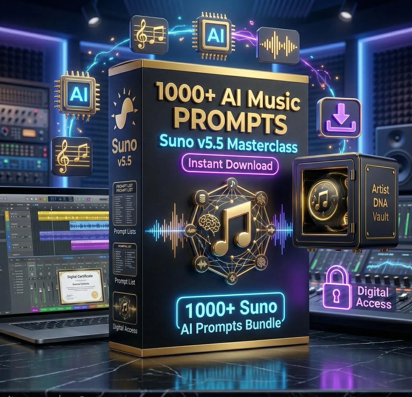1000+ Suno v5.5 AI music prompts bundle with songwriting guide