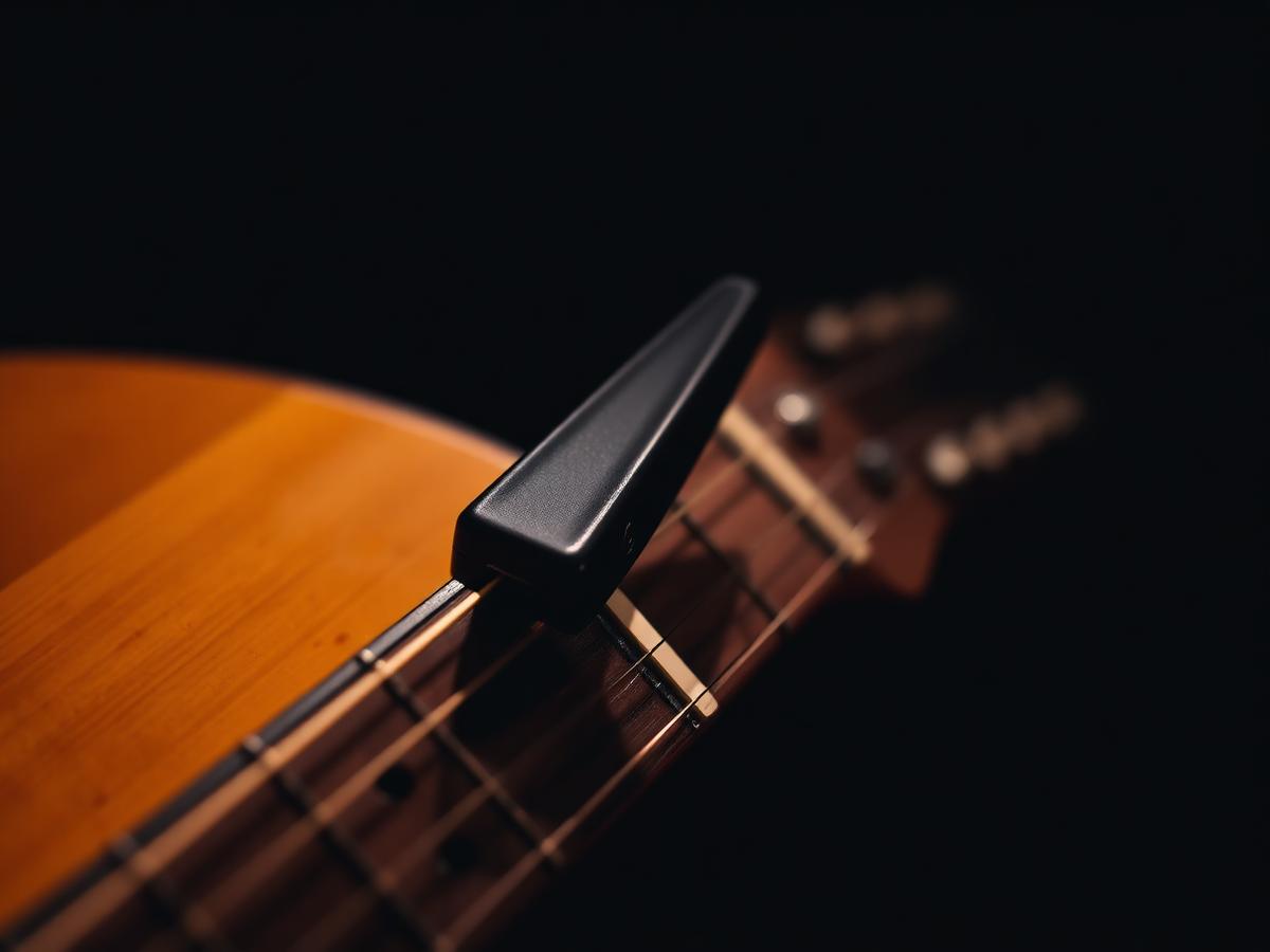 Guitar capos on an electric guitar neck