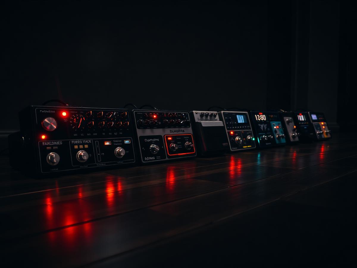 Guitar effect pedals on a pedalboard